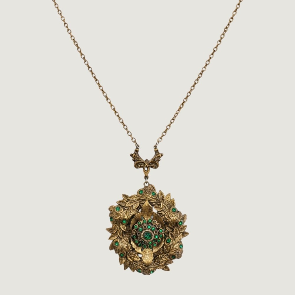 Antique Czech Filigree Pendant Necklace Green Glass Crystal Brass Floral READ